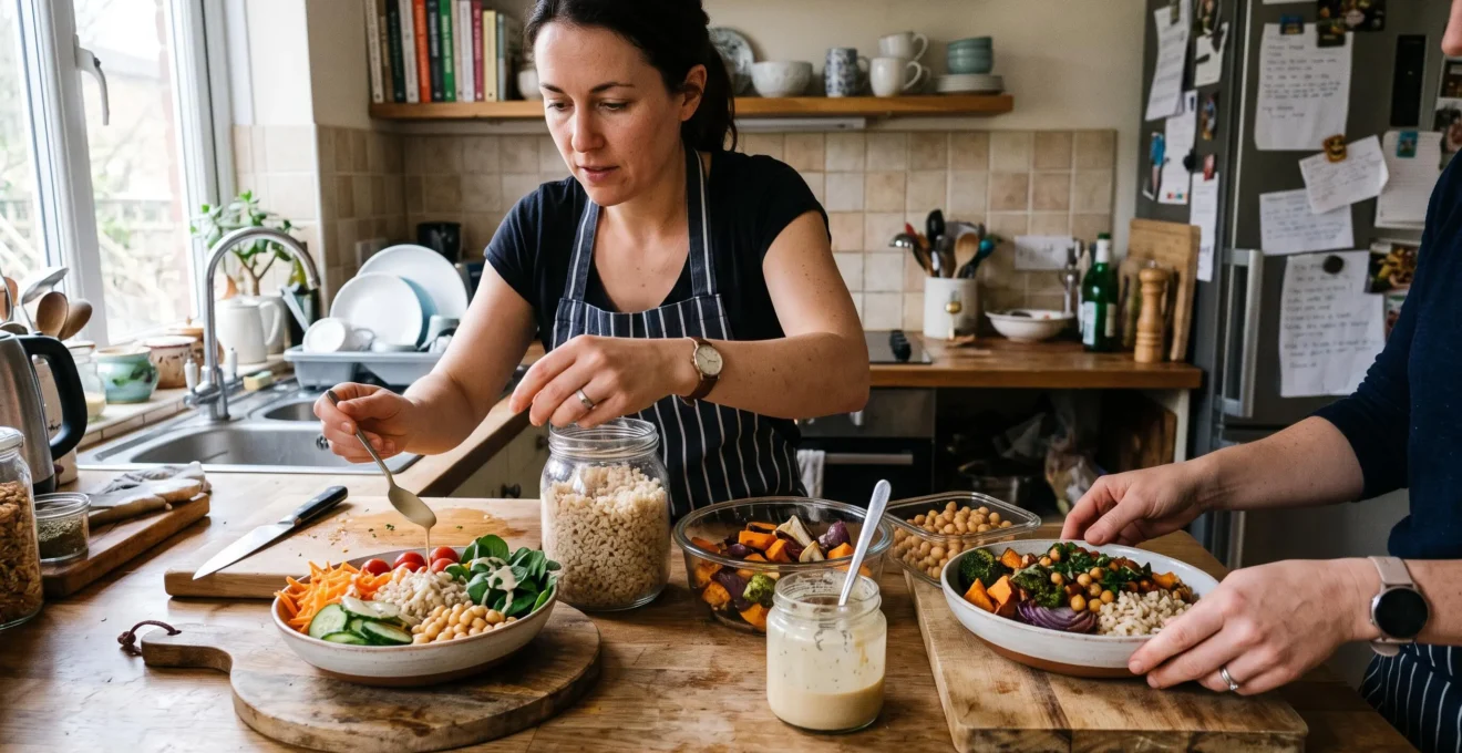 Une personne assemble deux repas différents à partir des mêmes bases préparées dans des contenants en verre sur un plan de travail de cuisine.