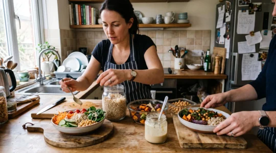 Une personne assemble deux repas différents à partir des mêmes bases préparées dans des contenants en verre sur un plan de travail de cuisine.