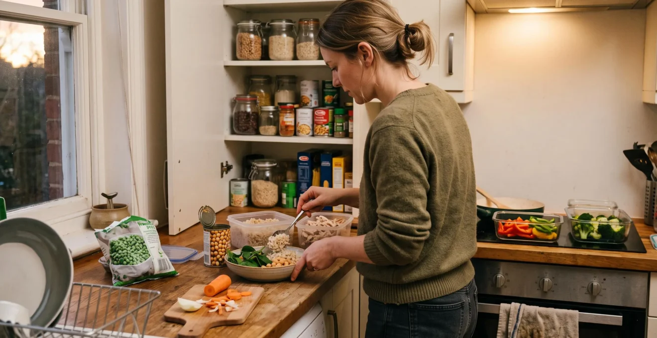 Une personne assemble un repas équilibré dans sa cuisine à partir de bases de placards, de protéines déjà cuites et de légumes frais.