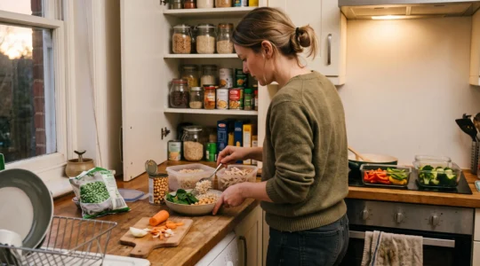 Une personne assemble un repas équilibré dans sa cuisine à partir de bases de placards, de protéines déjà cuites et de légumes frais.