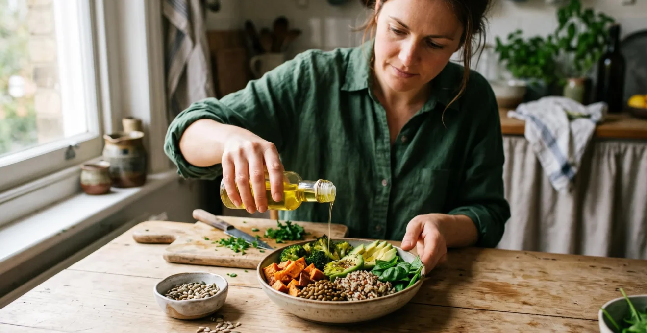 Une femme verse de l'huile de colza sur une assiette composée de lentilles, de légumes colorés et de tranches d'avocat dans une cuisine