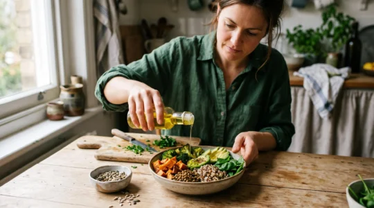 Une femme verse de l'huile de colza sur une assiette composée de lentilles, de légumes colorés et de tranches d'avocat dans une cuisine