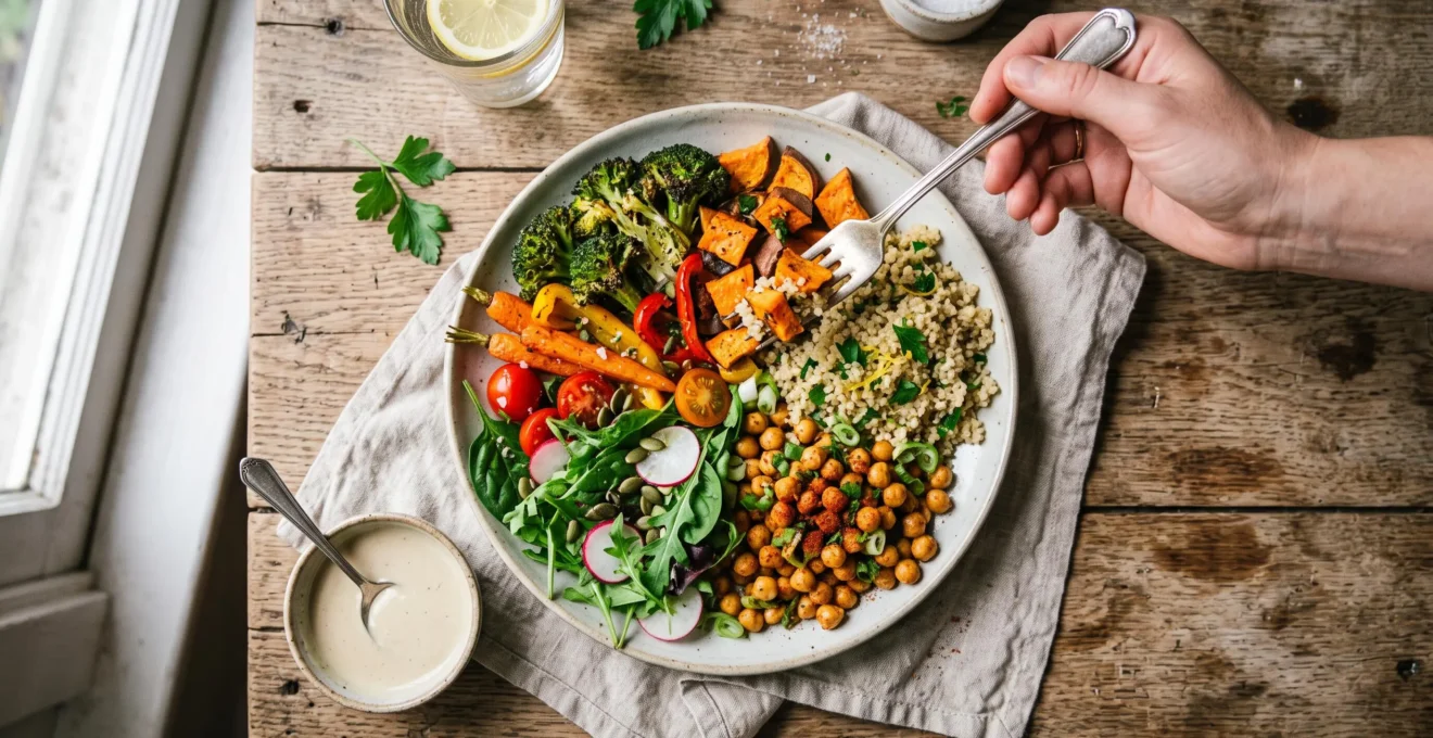 Assiette végétale équilibrée composée de légumes, de quinoa, de pois chiches et d'une sauce au tahini, vue de dessus sur une table de cuisine en bois.