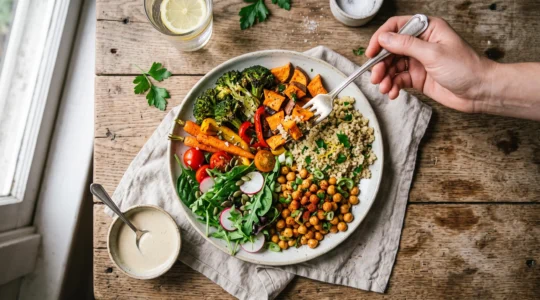 Assiette végétale équilibrée composée de légumes, de quinoa, de pois chiches et d'une sauce au tahini, vue de dessus sur une table de cuisine en bois.
