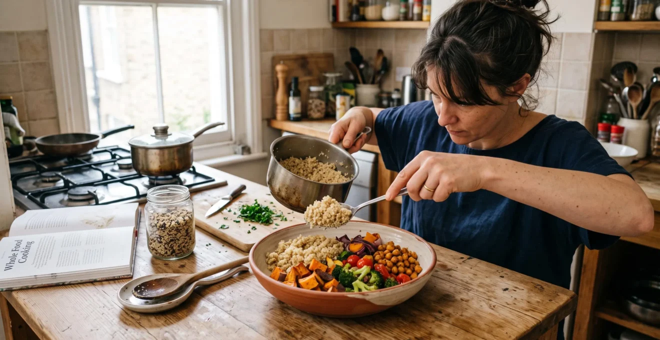 Une personne garnit un bol de quinoa, de légumes rôtis et de pois chiches sur une table de cuisine en bois
