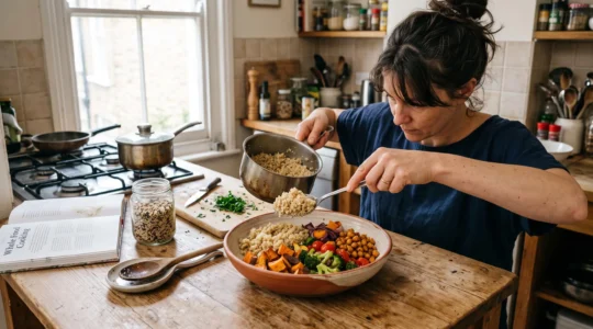 Une personne garnit un bol de quinoa, de légumes rôtis et de pois chiches sur une table de cuisine en bois