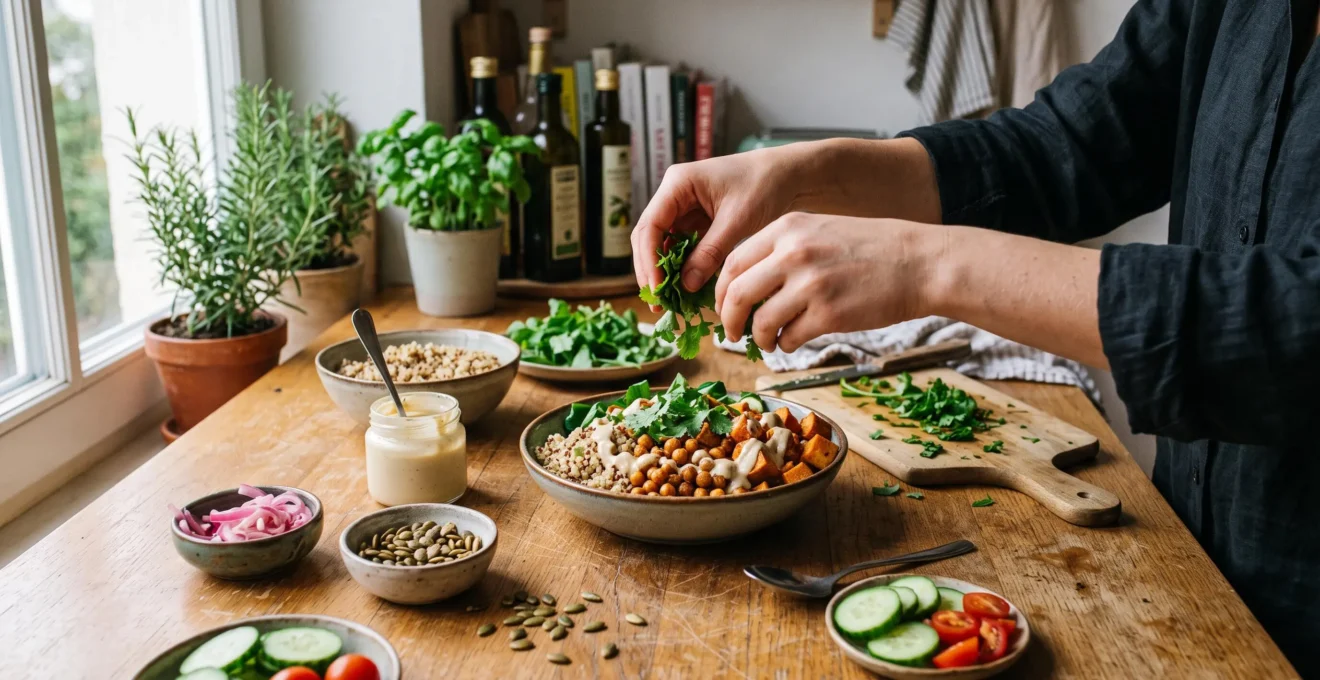Des mains assemblent un bol végétal composé de céréales, de pois chiches rôtis, de sauce et d'herbes fraîches sur un plan de travail de cuisine.
