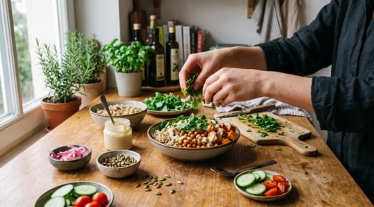 Des mains assemblent un bol végétal composé de céréales, de pois chiches rôtis, de sauce et d'herbes fraîches sur un plan de travail de cuisine.