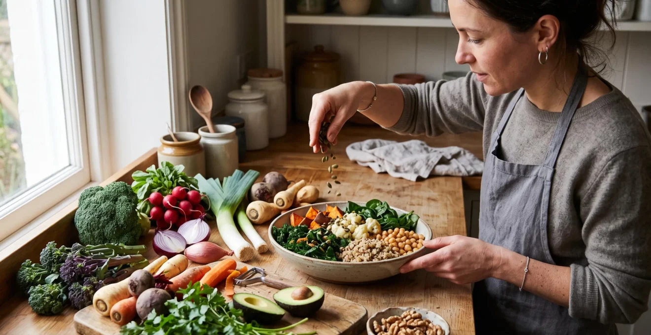 Une personne parseme des graines sur un bol végétal composé de légumes variés, de légumineuses et de céréales dans une cuisine.