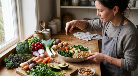 Une personne parseme des graines sur un bol végétal composé de légumes variés, de légumineuses et de céréales dans une cuisine.
