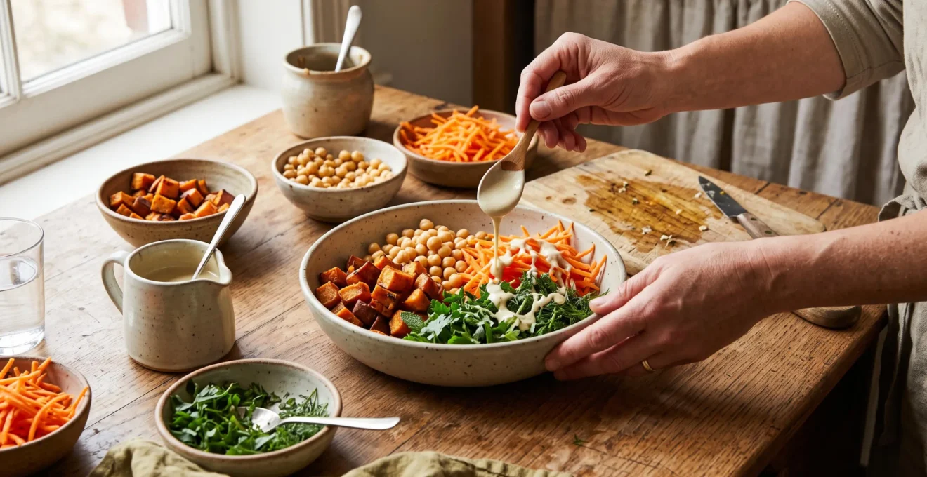 Un cuisinier achève un bowl composé de cinq ingrédients distincts disposés en zones sur un plan de travail en bois.