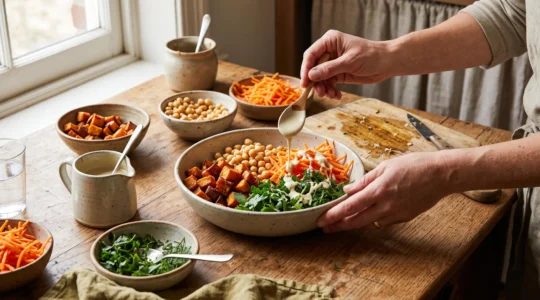 Un cuisinier achève un bowl composé de cinq ingrédients distincts disposés en zones sur un plan de travail en bois.