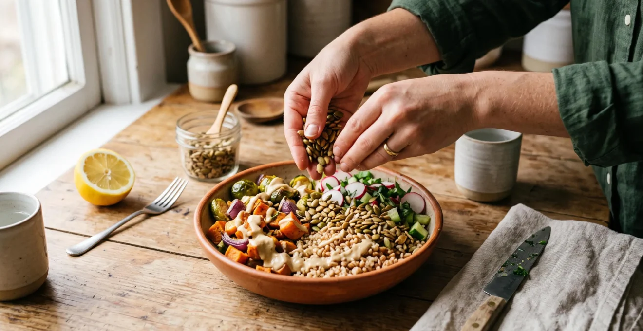 Des mains ajoutent des graines torréfiées sur une zone précise d'un bowl composé d'une base tendre, d'une sauce crémeuse et de légumes croquants.