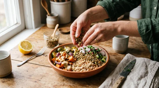 Des mains ajoutent des graines torréfiées sur une zone précise d'un bowl composé d'une base tendre, d'une sauce crémeuse et de légumes croquants.