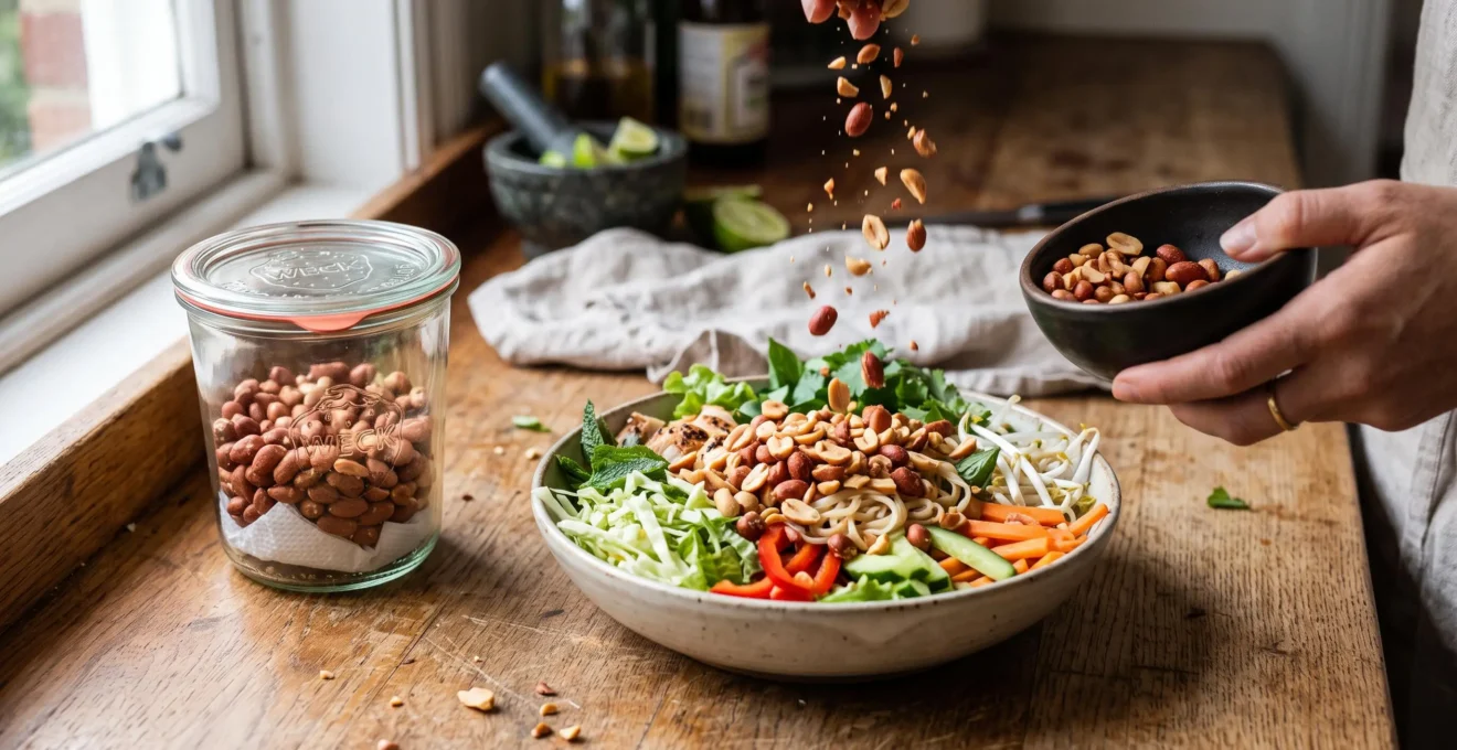 Une main verse des cacahuètes torréfiées concassées sur un bowl de salade fraîche préparé à l'avance, avec un petit récipient hermétique de cacahuètes entières posé à côté.