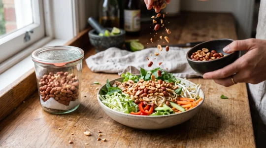 Une main verse des cacahuètes torréfiées concassées sur un bowl de salade fraîche préparé à l'avance, avec un petit récipient hermétique de cacahuètes entières posé à côté.