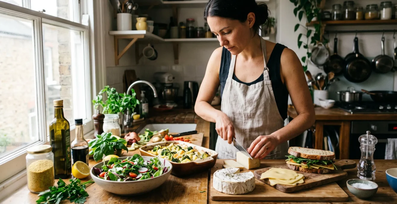Une personne coupe trois fromages végétaux de textures différentes sur un plan de travail de cuisine, à côté d'une salade, d'un gratin et d'un sandwich.