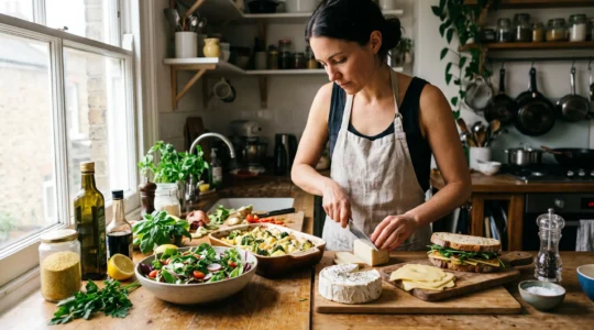 Une personne coupe trois fromages végétaux de textures différentes sur un plan de travail de cuisine, à côté d'une salade, d'un gratin et d'un sandwich.