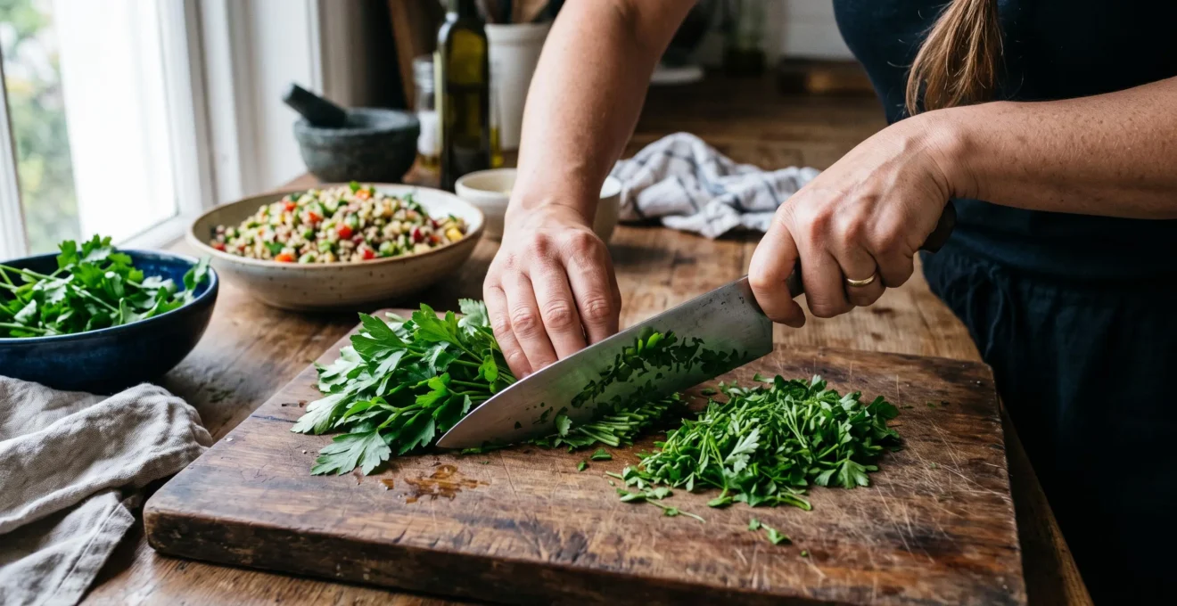 Un cuisinier cisele finement un bouquet de persil plat avec un couteau bien aigise sur une planche en bois dans une cuisine lumineuse.