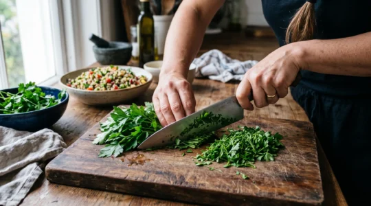 Un cuisinier cisele finement un bouquet de persil plat avec un couteau bien aigise sur une planche en bois dans une cuisine lumineuse.