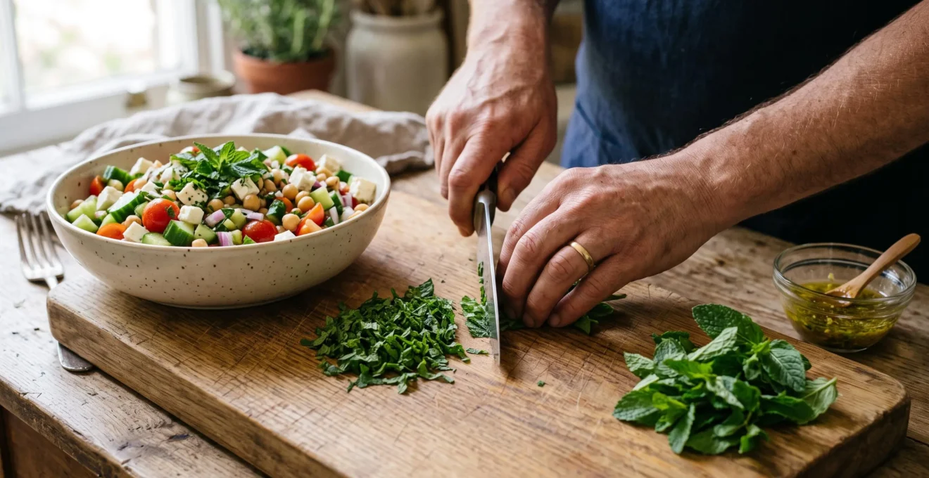 Un cuisinier cisele finement des feuilles de menthe fraîche sur une planche en bois à côté d'un grand saladier de salade estivale.