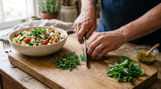 Un cuisinier cisele finement des feuilles de menthe fraîche sur une planche en bois à côté d'un grand saladier de salade estivale.