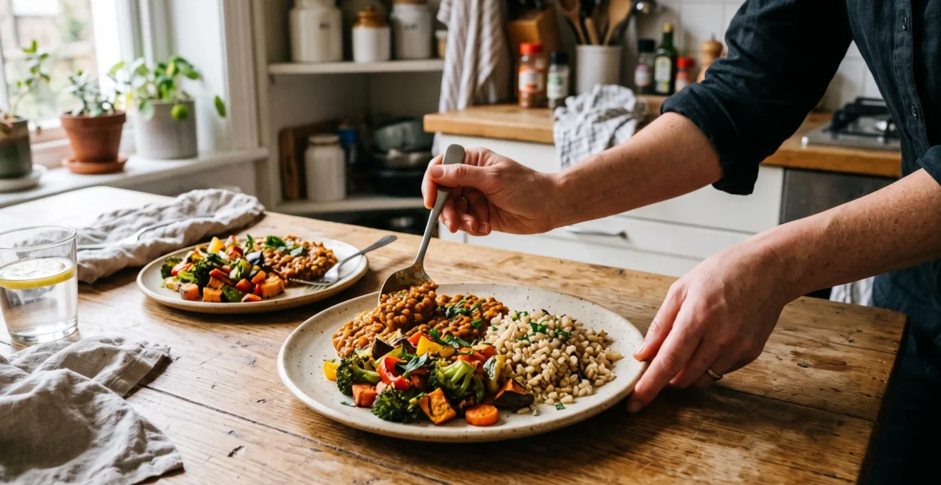 Des mains disposent sur une assiette des légumes colorés, une portion de céréales et des lentilles, illustrant les trois rôles complémentaires d'un repas.