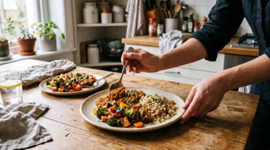 Des mains disposent sur une assiette des légumes colorés, une portion de céréales et des lentilles, illustrant les trois rôles complémentaires d'un repas.