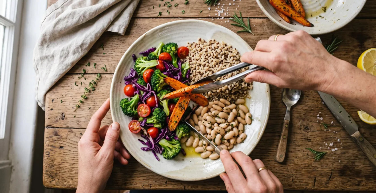 Vue de dessus d'une assiette en cours de composition avec des légumes de plusieurs couleurs, des féculents et des légumineuses répartis par zones sur une table de cuisine en bois.
