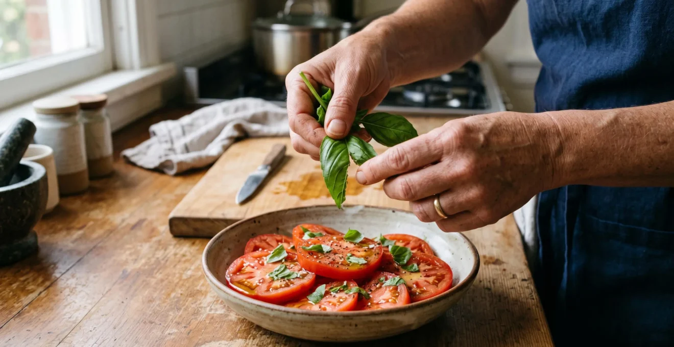Des mains déchirent délicatement des feuilles de basilic frais au-dessus d'un bol de tomates tranchées sur un plan de travail en bois.