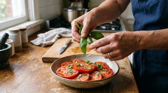 Des mains déchirent délicatement des feuilles de basilic frais au-dessus d'un bol de tomates tranchées sur un plan de travail en bois.