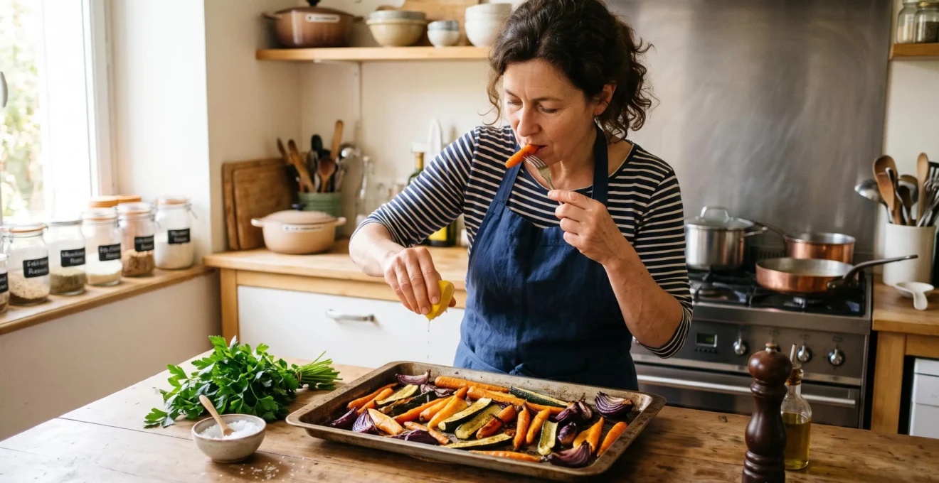 Une personne presse un demi-citron sur un plat de légumes rôtis dorés posé sur un plan de travail en bois dans une cuisine domestique.
