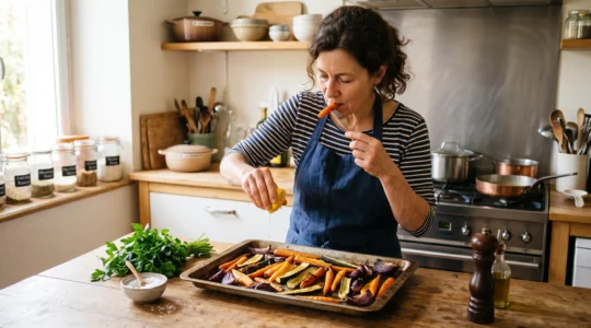 Une personne presse un demi-citron sur un plat de légumes rôtis dorés posé sur un plan de travail en bois dans une cuisine domestique.