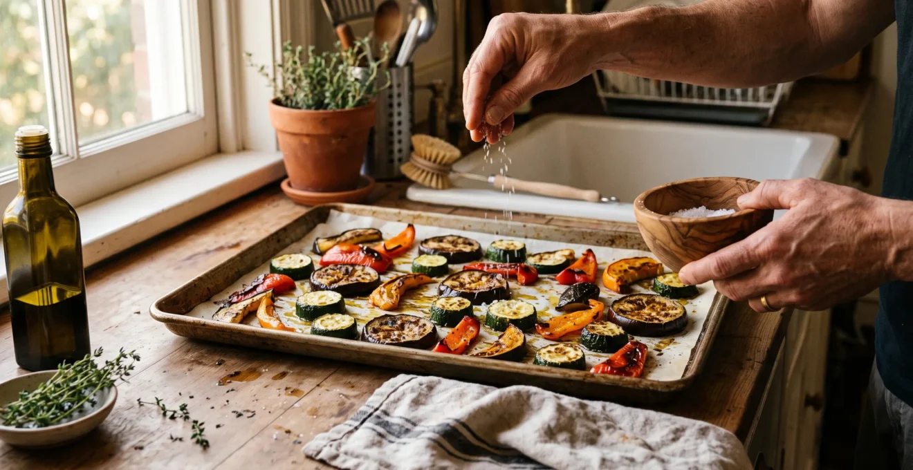 Plaque de légumes d'été rôtis caramélisés sur un plan de cuisine, avec une main salant les légumes juste avant de servir.