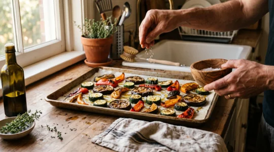 Plaque de légumes d'été rôtis caramélisés sur un plan de cuisine, avec une main salant les légumes juste avant de servir.