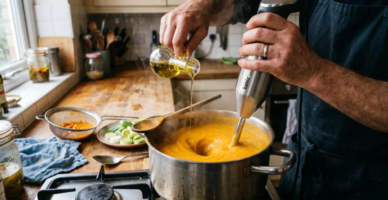 Un cuisinier verse un filet d'huile d'olive dans une casserole de soupe de légumes tout en mixant au mixeur plongeant pour l'émulsionner sans crème.