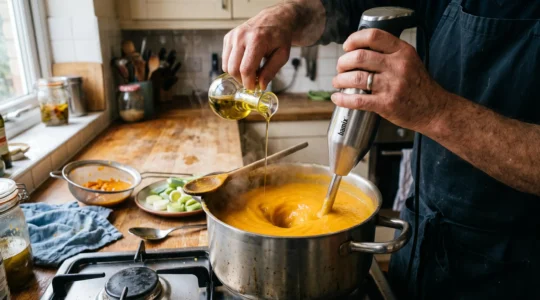 Un cuisinier verse un filet d'huile d'olive dans une casserole de soupe de légumes tout en mixant au mixeur plongeant pour l'émulsionner sans crème.