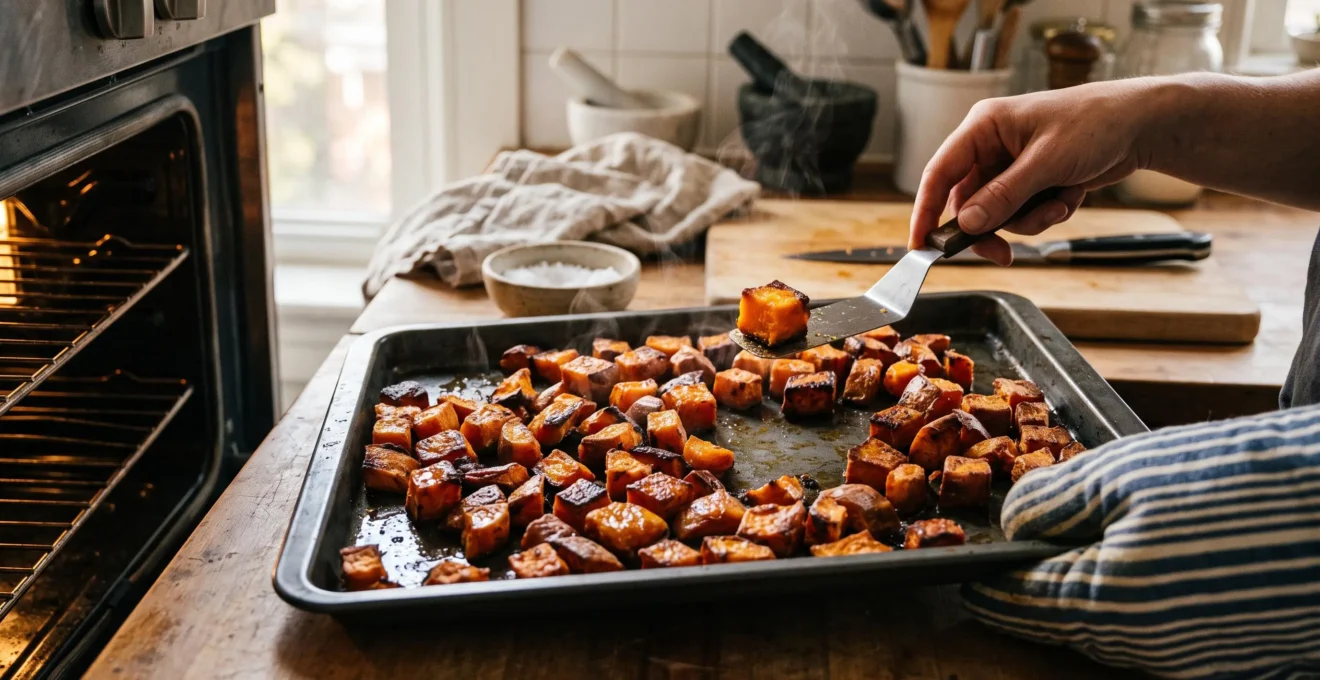 Plaque de cubes de patate douce rôtis dorés et caramélisés sortie du four, une main soulève un cube à la spatule pour montrer l'intérieur fondant.