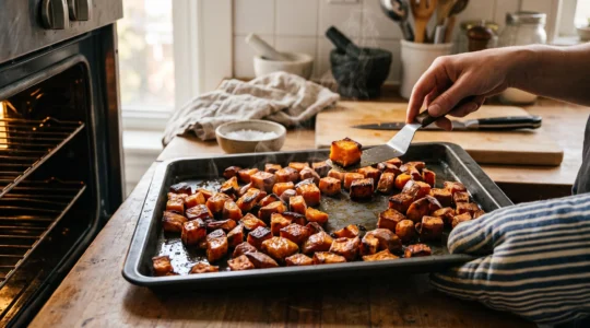 Plaque de cubes de patate douce rôtis dorés et caramélisés sortie du four, une main soulève un cube à la spatule pour montrer l'intérieur fondant.