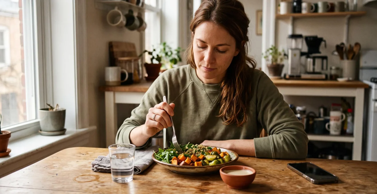 Une femme savoure un repas dressé à table, son téléphone posé face contre la table loin de son assiette, dans une cuisine lumineuse.