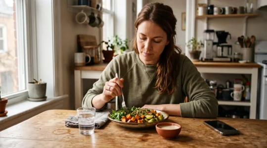 Une femme savoure un repas dressé à table, son téléphone posé face contre la table loin de son assiette, dans une cuisine lumineuse.