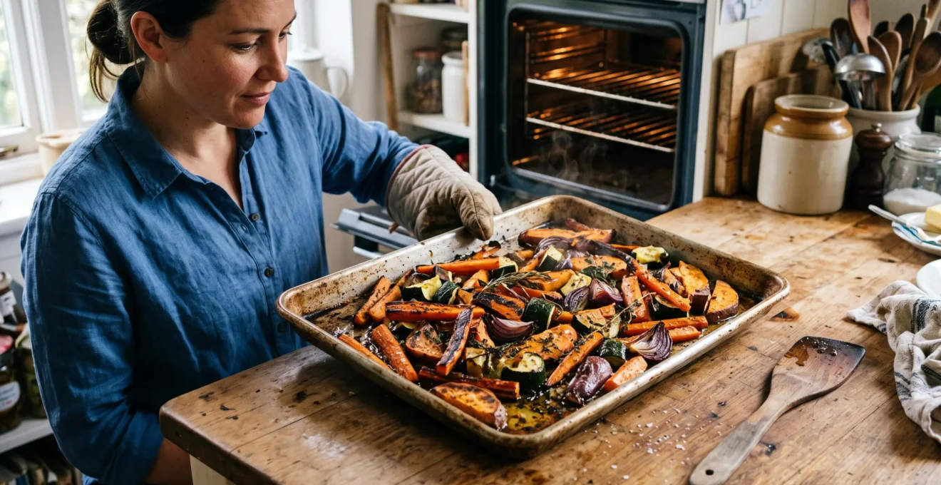 Une plaque de légumes rôtis caramélisés sortie du four, posée sur un plan de travail de cuisine, avec une main protégée par un gant qui soulève un bord de la plaque.