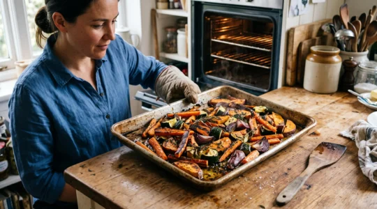 Une plaque de légumes rôtis caramélisés sortie du four, posée sur un plan de travail de cuisine, avec une main protégée par un gant qui soulève un bord de la plaque.
