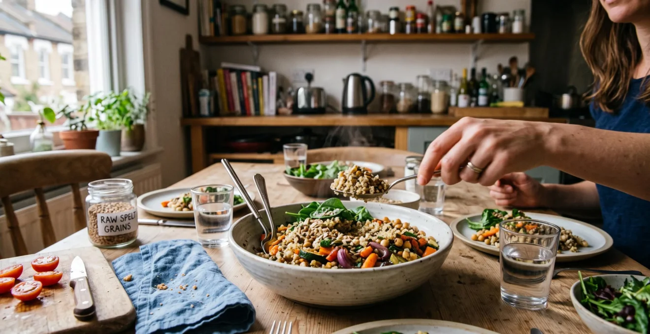 Un bol de quinoa aux lentilles et légumes rôtis posé sur une table de cuisine, avec un bol de céréales complètes et des légumes préparés autour.