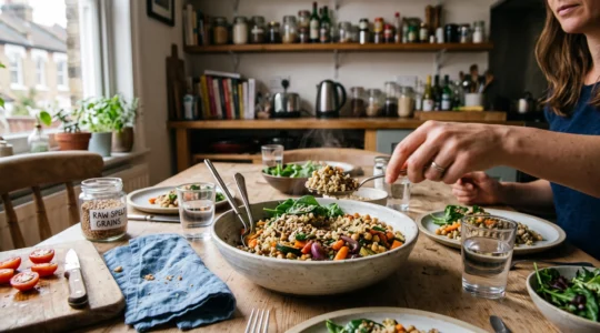 Un bol de quinoa aux lentilles et légumes rôtis posé sur une table de cuisine, avec un bol de céréales complètes et des légumes préparés autour.