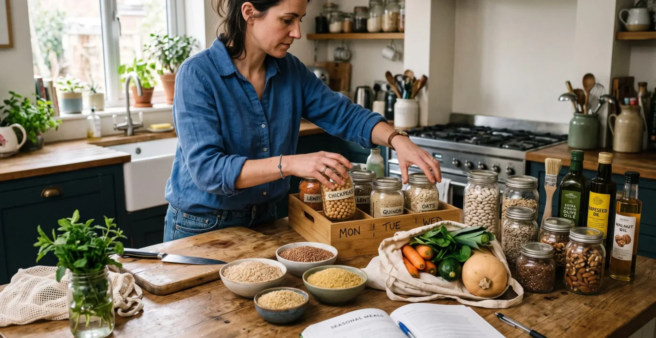 Une personne organise des céréales, légumineuses et légumes variés sur un plan de travail de cuisine pour préparer une semaine de repas diversifiés.