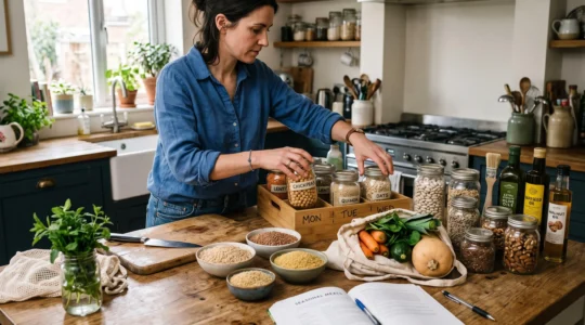 Une personne organise des céréales, légumineuses et légumes variés sur un plan de travail de cuisine pour préparer une semaine de repas diversifiés.