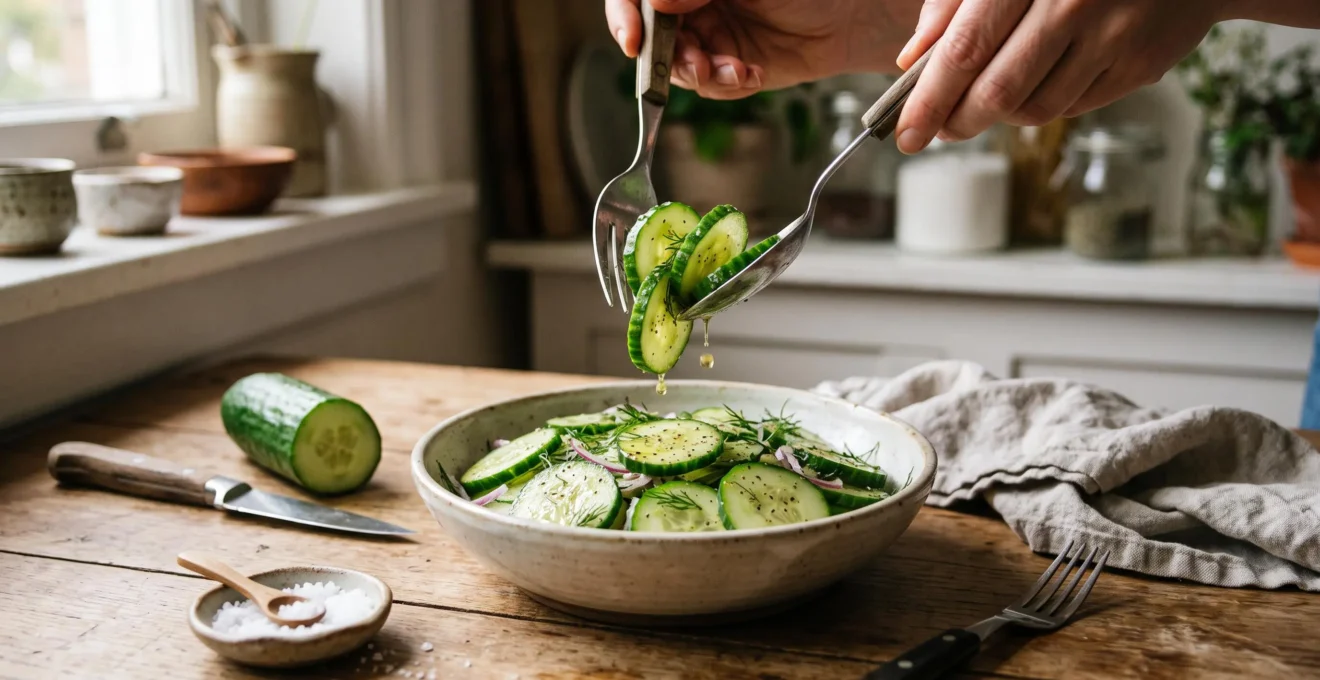 Une main soulève des rondelles de concombre croquantes d'un saladier de salade fraîchement assaisonnée sur une table de cuisine en bois.