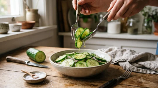 Une main soulève des rondelles de concombre croquantes d'un saladier de salade fraîchement assaisonnée sur une table de cuisine en bois.