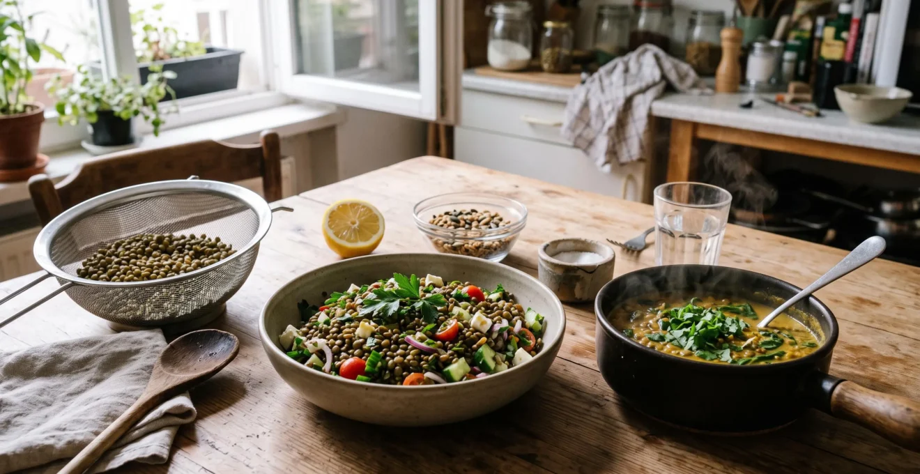 Deux plats à base de lentilles, une salade de lentilles vertes et un dahl tiède, posés sur une table de cuisine en bois avec des ustensiles et des ingrédients